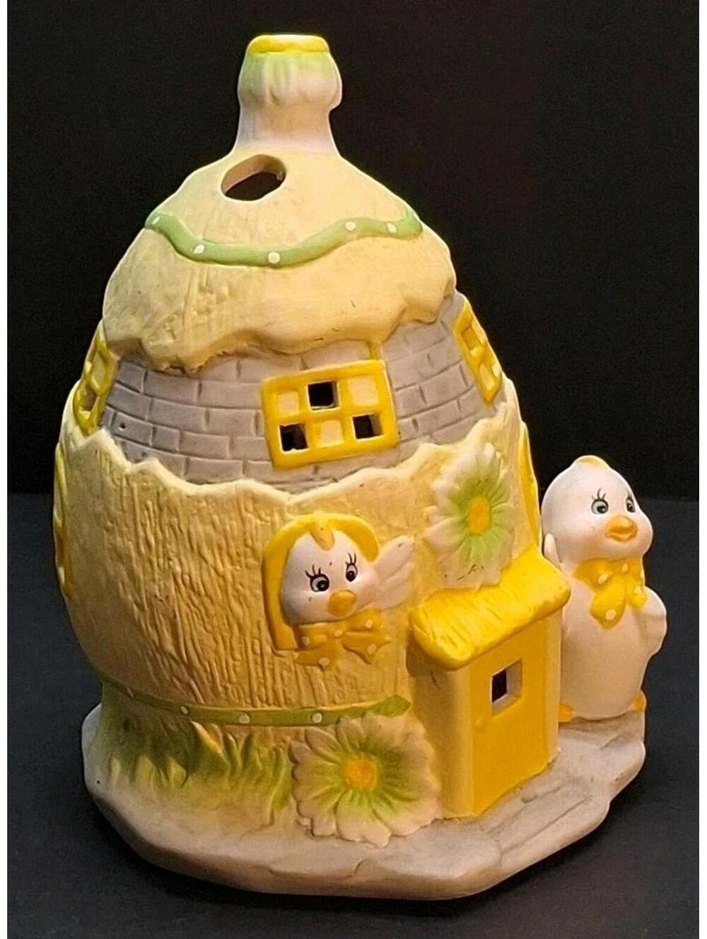 Vintage Ceramic Easter Egg Chicks Tea Light Holder 5.5 Inches Yellow